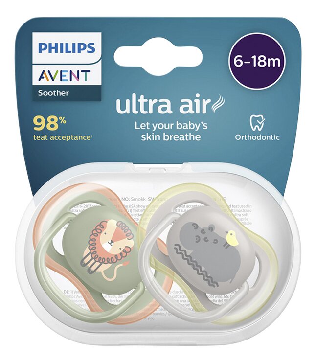 Philips AVENT Fopspeen + 6 maanden Ultra Air leeuw/nijlpaard - 2 stuks