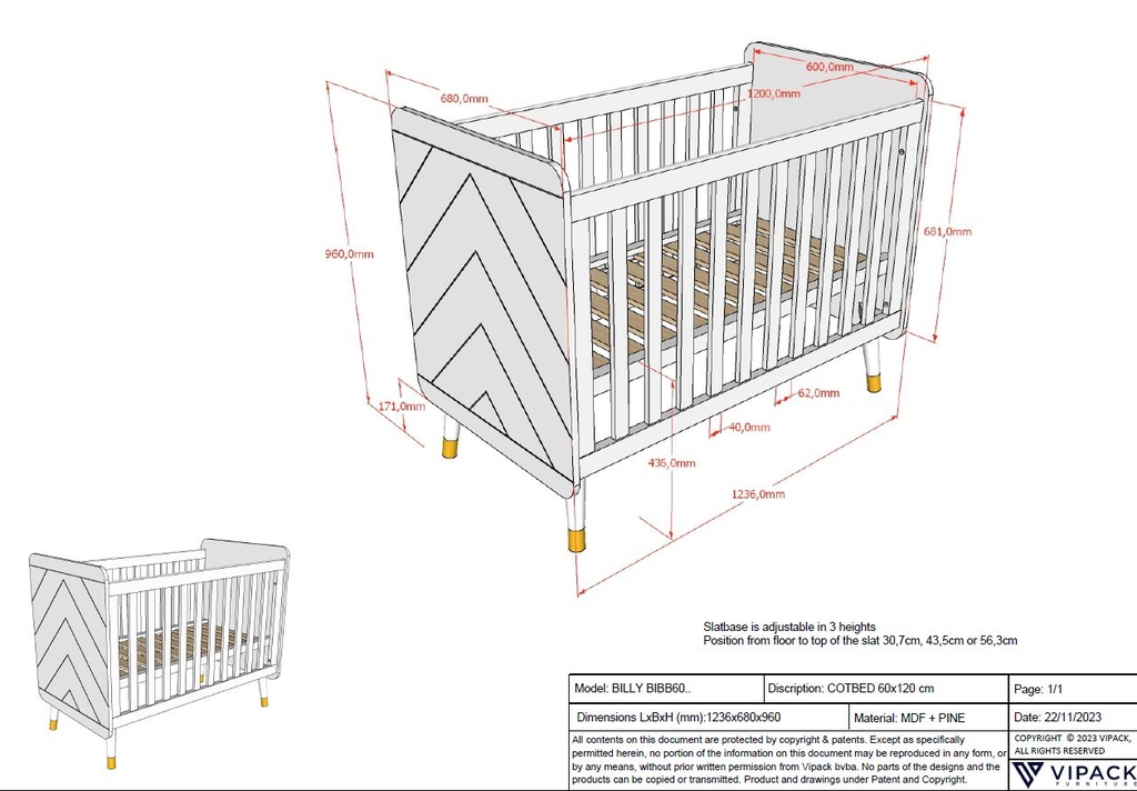 Vipack Lit de bébé Billy 120 x 60 cm Rose Terra