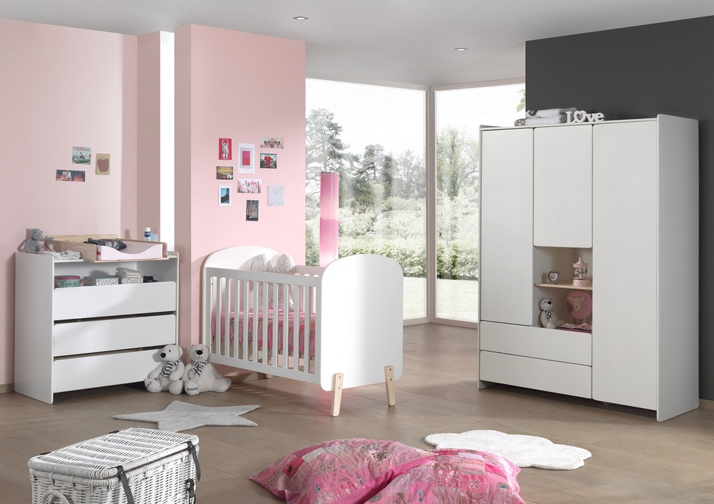 Jaxx Chambre de bébé 3 pièces (lit + commmode avec rallonge + armoire 3 portes) Kiddy blanc