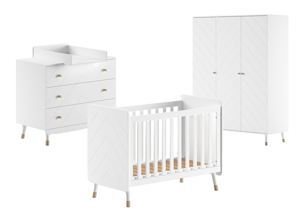 Jaxx Chambre de bébé 3 pièces (lit + commode + armoire 3 portes) Billy blanc