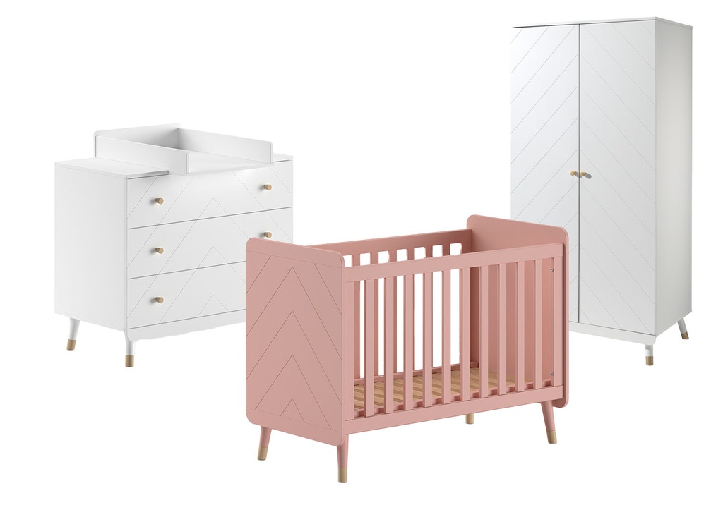 Jaxx 3-delige babykamer (bed + commode + kast met 2 deuren) Billy Terra Roze/wit