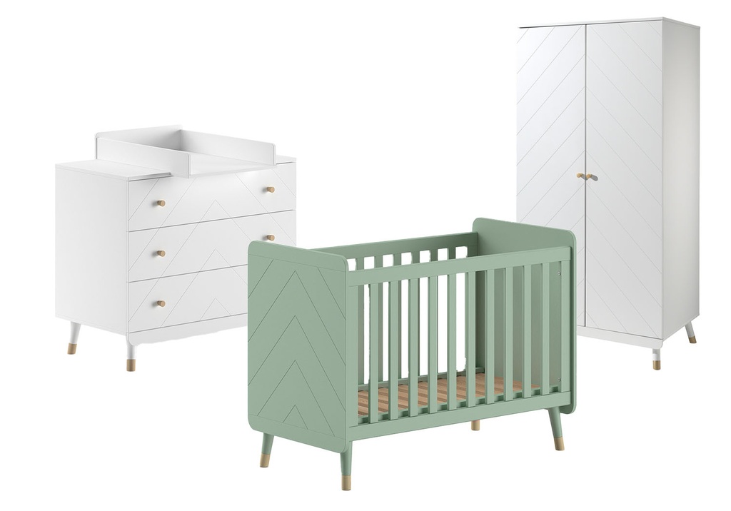 Jaxx 3-delige babykamer (bed + commode + kast met 2 deuren) Billy groen/wit