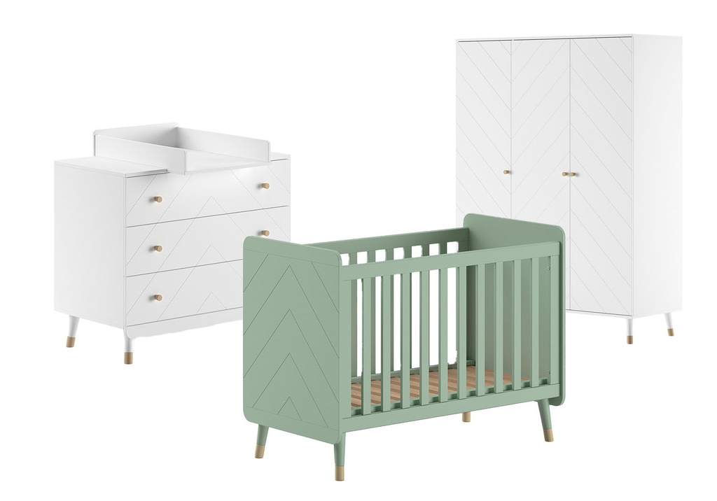 Jaxx 3-delige babykamer (bed + commode + kast met 3 deuren) Billy groen/wit