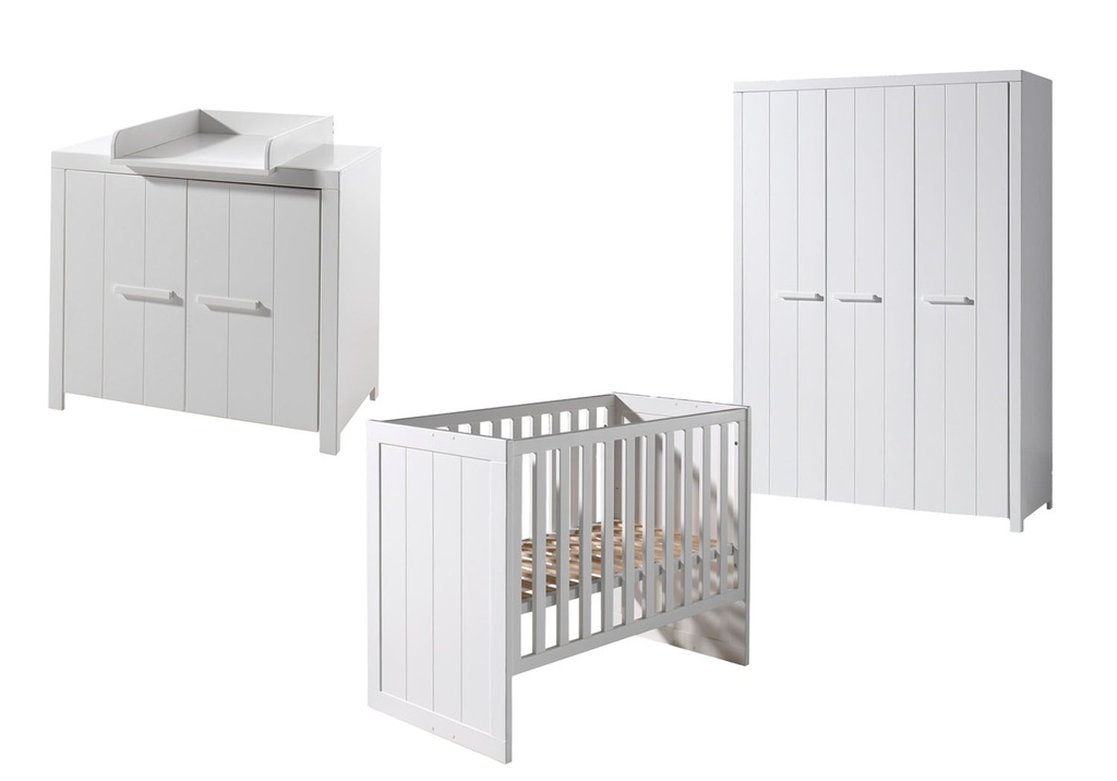 Jaxx 3-delige babykamer (bed + commode + kast met 3 deuren) Erik wit