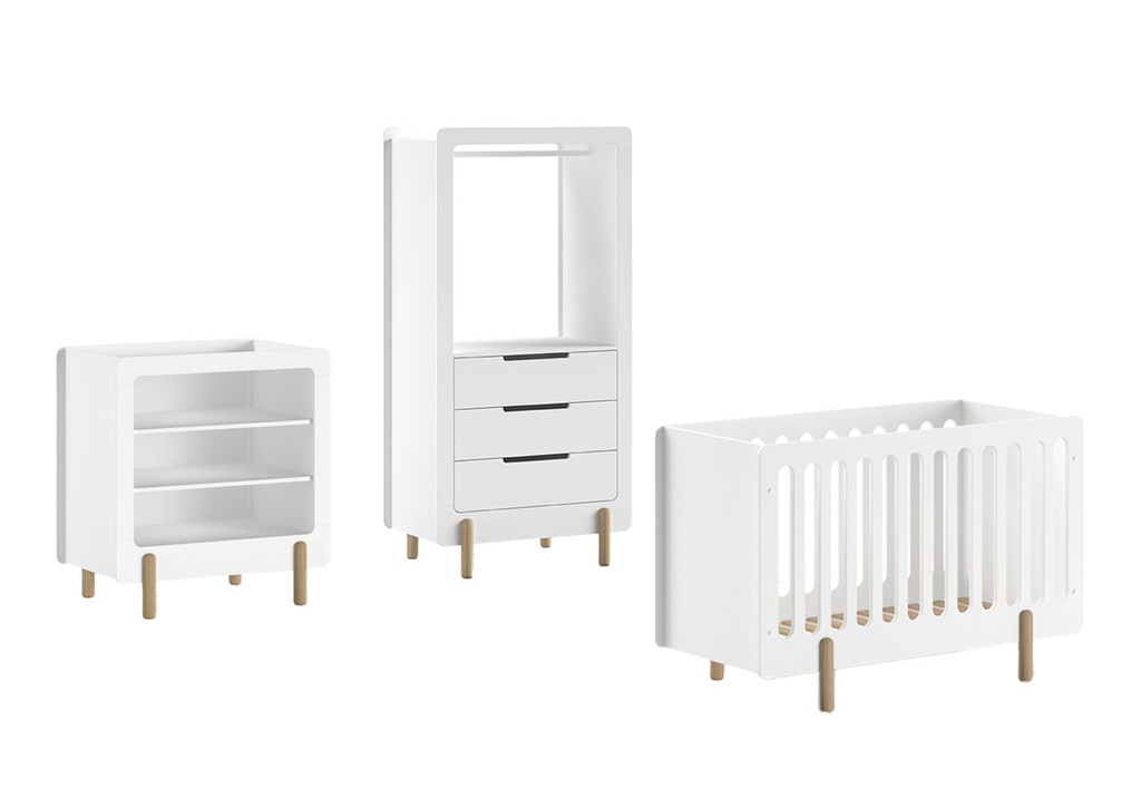 Jaxx Chambre de bébé 3 pièces (lit L 120 x Lg 60 cm + table à langer + armoire avec 3 tiroirs) Smile blanc