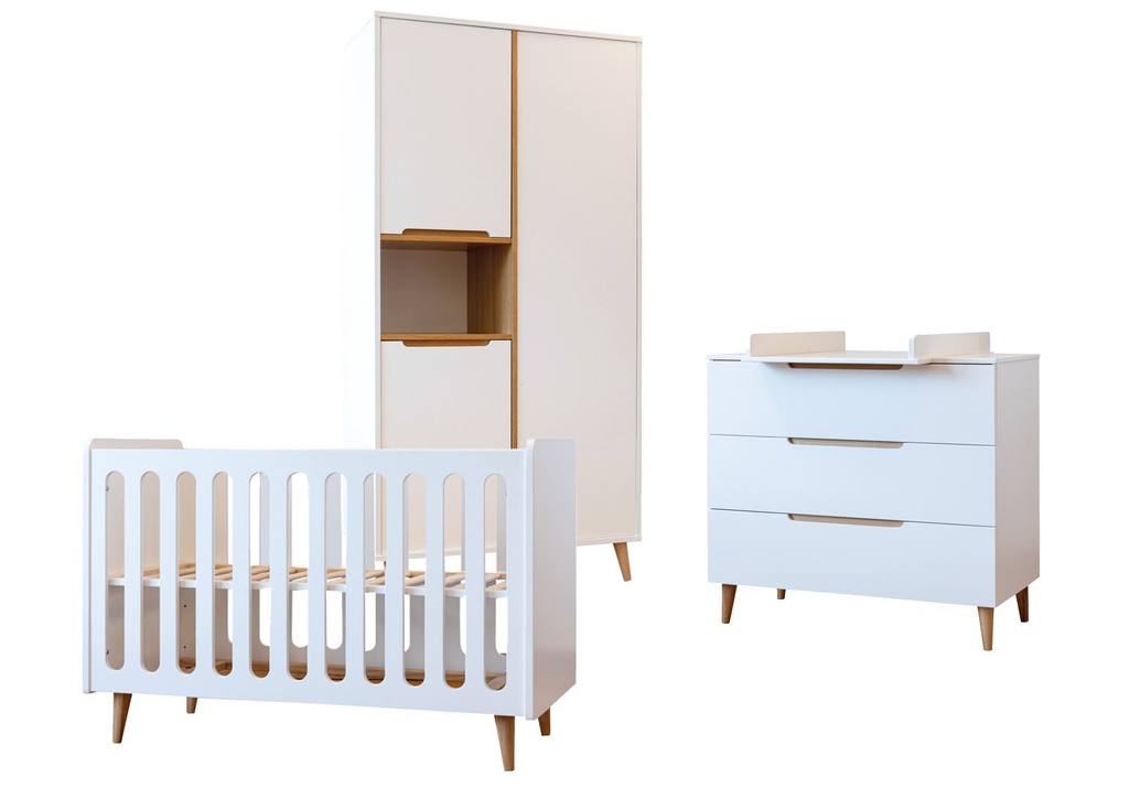 Pericles Chambre de bébé 3 pièces (lit L 120 x Lg 60 cm + commode + armoire 3 portes) Boho White