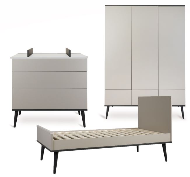 Quax Chambre de bébé 3 pièces (lit évolutif L 140 x Lg 70 cm + commode + armoire 3 portes) Flow Stone