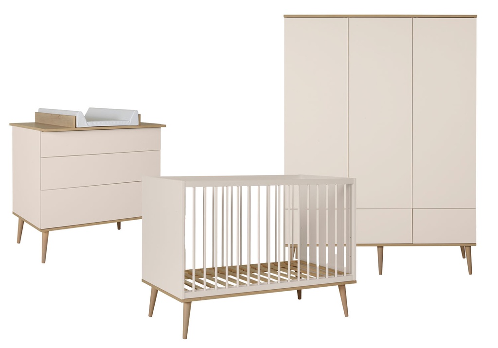 Quax Chambre de bébé 3 pièces (lit L 120 x Lg 60 cm + commode + armoire 3 portes) Flow Clay