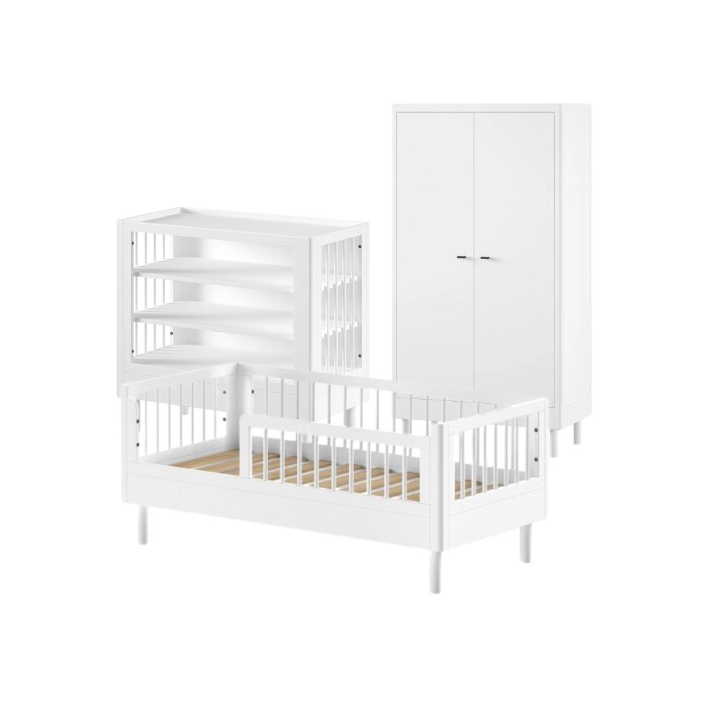 Jaxx Chambre de bébé 3 pièces (Lit pour enfant L 140 x Lg 70 cm + commode ouverte + armoire 2 portes) Forrest Hêtre blanc