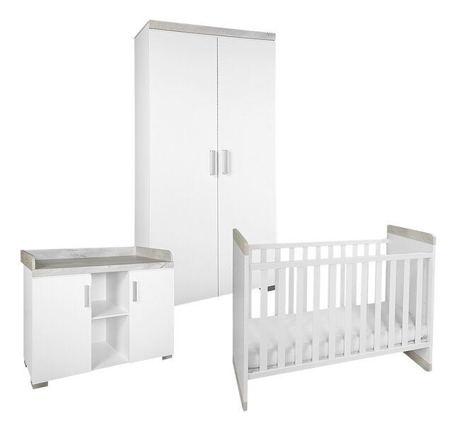 Transland Chambre de bébé 3 pièces (lit évolutif + commode + armoire 2 portes) Alisa blanc