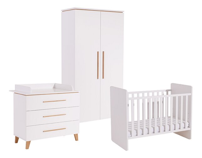 Transland Chambre de bébé 3 pièces (lit évolutif + commode + armoire 2 portes) Steffi blanc