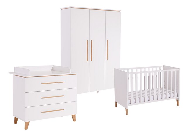 Transland Chambre de bébé 3 pièces (lit + commode + armoire 3 portes) Steffi blanc
