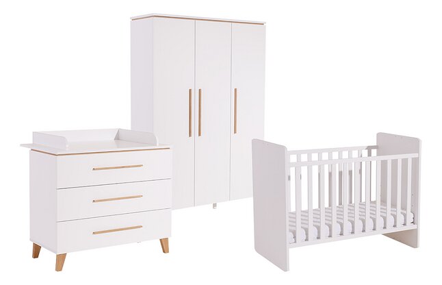 Transland Chambre de bébé 3 pièces (lit évolutif + commode + armoire 3 portes) Steffi blanc
