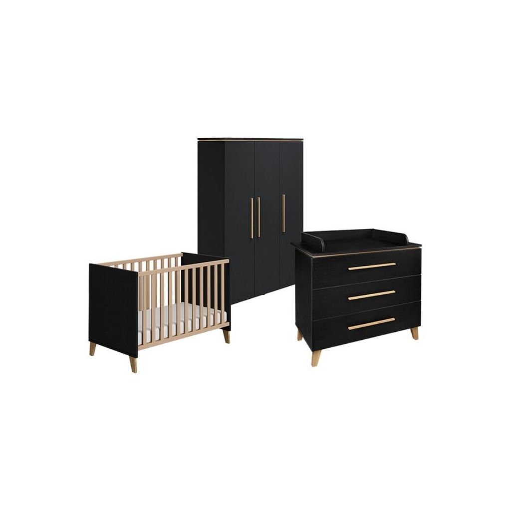 Transland Chambre de bébé 3 pièces (lit + commode + armoire 3 portes) Steffi noir
