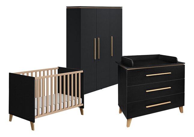 Transland Chambre de bébé 3 pièces (lit + commode + armoire 3 portes) Steffi noir
